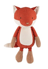 Giocattolo di peluche a forma di volpe con corpo in tessuto rosso, pancia color crema e dettagli marroni su orecchie e zampe. Caratteristiche del viso cucite.