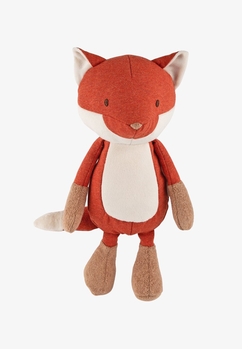Giocattolo di peluche a forma di volpe con corpo in tessuto rosso, pancia color crema e dettagli marroni su orecchie e zampe. Caratteristiche del viso cucite.