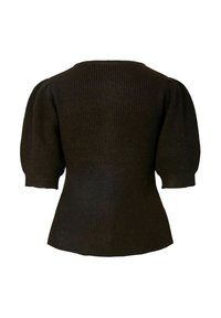 Tmavohnedý rebrovaný pletený top s krátkymi, nadýchanými rukávmi a priliehavým strihom s okrúhlym výstrihom.