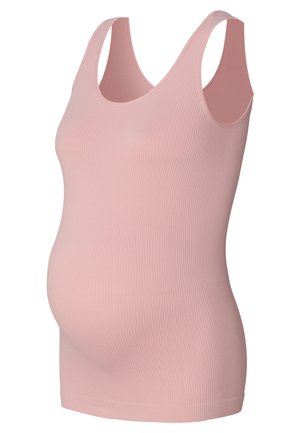 Pink ribbed tank top with wide straps and a fitted shape, designed to accommodate a growing belly. Soft fabric with a smooth texture.