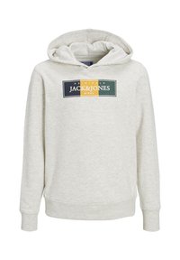Felpa grigia chiara con tasca a marsupio, polsini e orlo a costine. Presenta un logo stampato sul petto con un design rettangolare in blu navy scuro, verde e giallo.