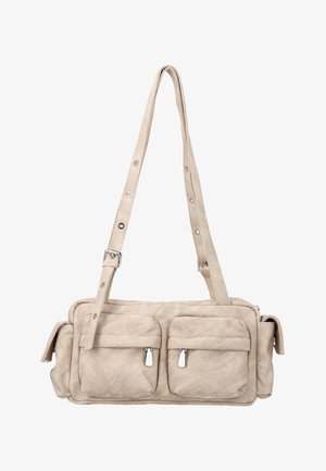 Beige rechteckige Schultertasche mit zwei vorderen Reißverschlusstaschen, Seitentaschen und verstellbarem Riemen mit Metallösen und Schnalle.