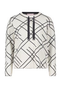 Cremfarbener Pullover mit schwarzen geometrischen Linien, ausgestattet mit einem runden Ausschnitt und Kordeln mit silbernen Beschlägen. Weiches Strickmaterial, leicht verkürzt.