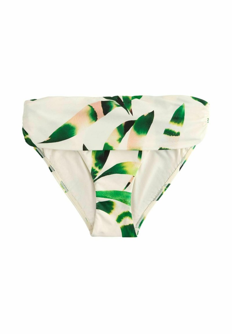 Białe majtki bikini z podwiniętym paskiem w pasie, ozdobione zielonym i jasnoróżowym tropikalnym wzorem liści, na białym tle.