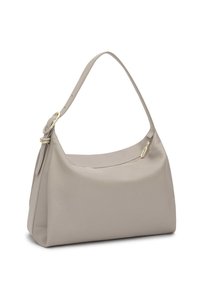Gray leather handbag with a curved shape, a single handle, and a gold zipper detail. Features a smooth, textured surface.