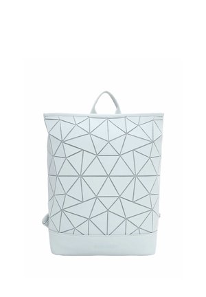 White geometric patterned backpack with a top handle and adjustable shoulder straps, featuring a structured square shape.