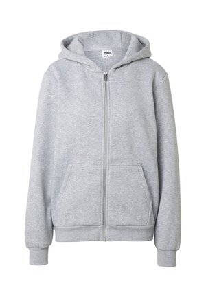 Sudadera con capucha y cremallera en gris claro, con bolsillos frontales, puños acanalados y capucha, exhibida sobre un fondo blanco liso.