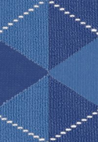 Motif textile géométrique dans diverses nuances de bleu avec des coutures blanches, présentant des formes de diamants et une finition texturée.