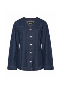 Traper jakna s tamnoplavom tkaninom, srebrnim dugmadima i crvenim šavovima. Ima okrugli izrez i duge rukave s opuštenim krojem.