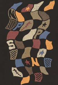 Grafisch ontwerp met onregelmatig gevormde vlekken in bruin, blauw, oranje en crème op een zwarte achtergrond, met verschillende patronen en symbolen.
