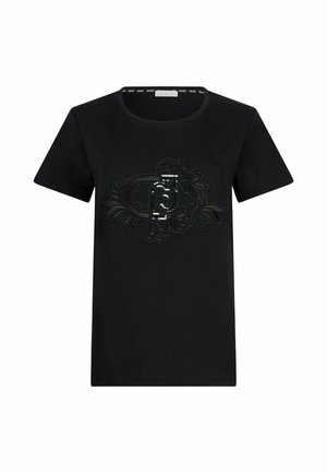 T-shirt nera in cotone con maniche corte, caratterizzata da un design centrale testurizzato in tonalità più scure e accenti floreali. Collo rotondo, vestibilità casual.