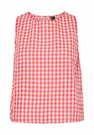 Red and white checkered sleeveless top with a round neckline, made of lightweight fabric, featuring a relaxed fit and no visible fastenings.