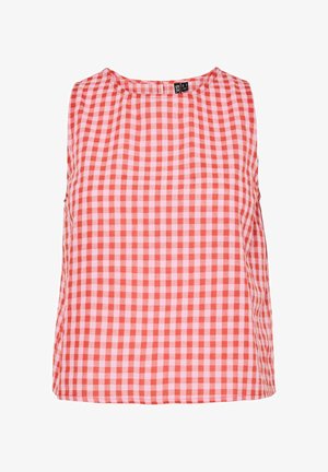Red and white checkered sleeveless top with a round neckline, made of lightweight fabric, featuring a relaxed fit and no visible fastenings.