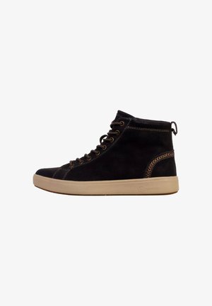 Black suede high-top sneaker with beige sole, featuring lace-up design, contrasting stitching, and a back pull tab for ease of wear.