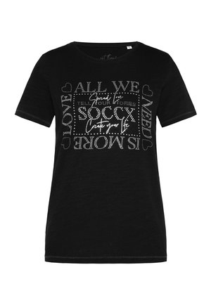 Black cotton T-shirt with short sleeves featuring shiny rhinestone text and patterns in white, including phrases like “Spread love” and “Create your life.”