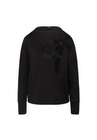 Czarny sweatshirt z długimi rękawami i okrągłym dekoltem. Posiada teksturalny detal w postaci sequinowej kokardy na przedniej lewej stronie. Miękki materiał.