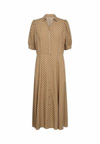 Ruskea pilkullinen mekko, jossa on lyhyet puffihihat, kauluksellinen kaula, nappikiinnitys ja levenevä hame. Pehmeä, kevytrakenteinen kangas, jonka pinta on sileä.