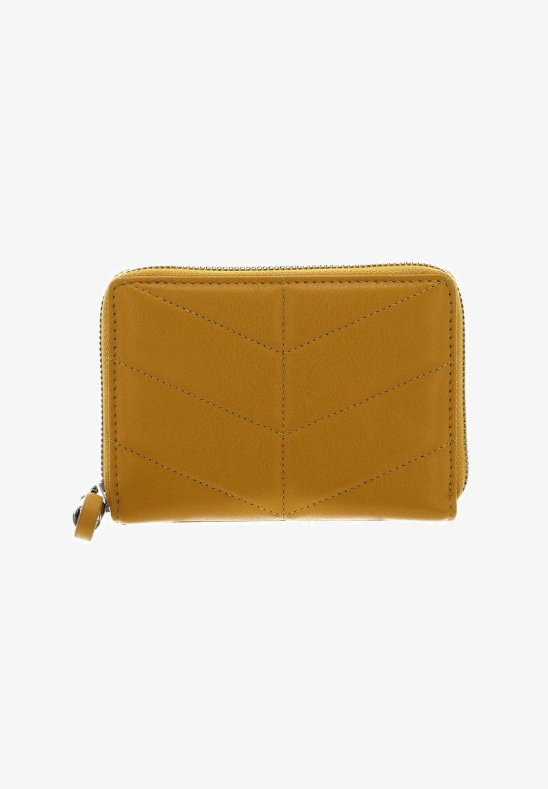 Portefeuille en cuir jaune avec un motif chevron, fermeture éclair et détails de couture contrastants. Forme rectangulaire compacte. Texture lisse.