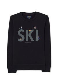 Sudadera negra con gran texto "SKI", figuras de esquí jugables en varios colores, cuello redondo y puños y dobladillo acanalados.