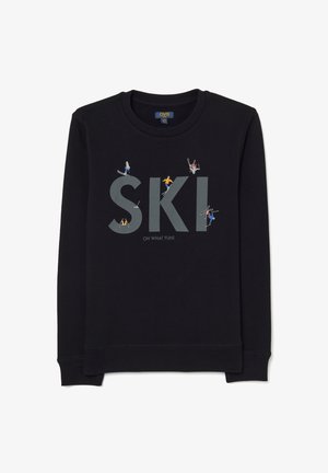 Sudadera negra con gran texto "SKI", figuras de esquí jugables en varios colores, cuello redondo y puños y dobladillo acanalados.
