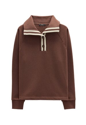 Brązowy sweter z miękkiego materiału o luźnym kroju. Posiada paskowany kołnierz w kolorze kremowym i brązowym oraz dwa brązowe guziki przy szyi.