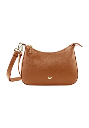 Borsa a mano in pelle marrone con finitura texture, hardware dorato e tracolla rimovibile. Presenta un sottile logo sul davanti.
