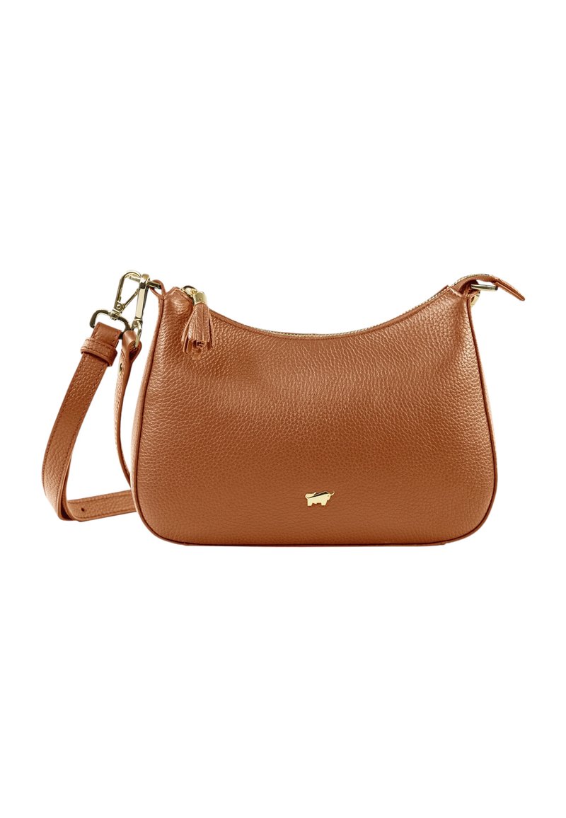 Borsa a mano in pelle marrone con finitura texture, hardware dorato e tracolla rimovibile. Presenta un sottile logo sul davanti.