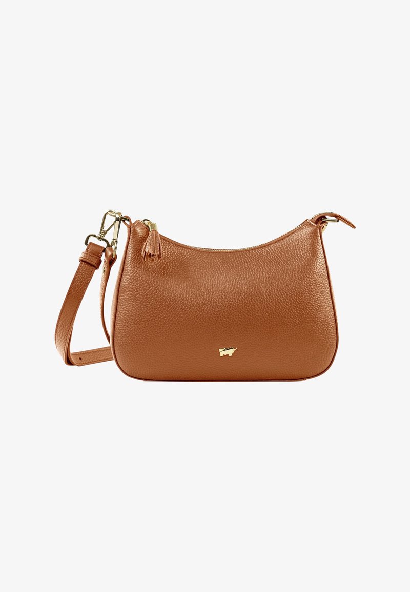 Borsa a mano in pelle marrone con finitura texture, hardware dorato e tracolla rimovibile. Presenta un sottile logo sul davanti.