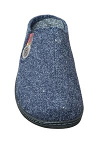 Blue felt slip-on shoe with a black rubber sole, round toe, textured fabric, and a circular logo accent on the side.