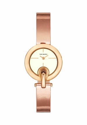 Orologio Tory Burch in oro rosa con quadrante rotondo minimalista, senza numeri, lancette sottili in oro rosa e cinturino metallico solido in oro rosa.