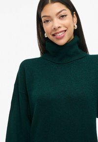 Tumši zaļš turtlenecks džemperis, kas izgatavots no mīksta adījuma auduma. Iespējas ietver brīvu piegriezumu, garās piedurknes un augstu apkakli.
