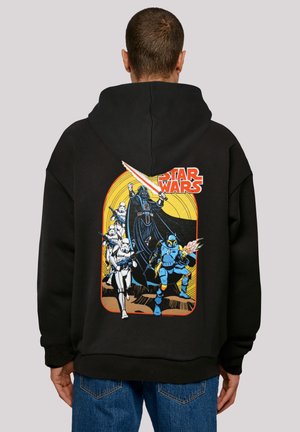 Black hoodie featuring a colorful "Star Wars" graphic on the back, depicting characters in action against a bright backdrop.