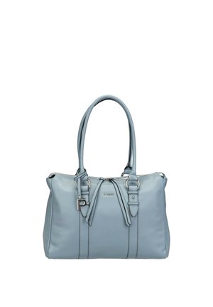 Hellblaue Ledertasche mit zwei Griffen, dekorativen Schnallenriemen und silbernem Reißverschluss, vorne mit der Marke "Picard".