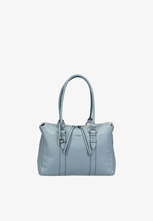 Light blue leather handbag with dual handles, decorative buckle straps, and silver zipper closure, branded "Picard" on the front.