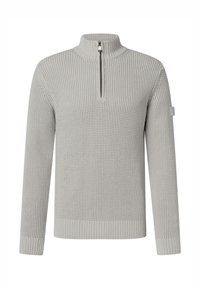 Hellgrauer Strickpullover mit halbem Reißverschluss am Kragen, strukturiertem Muster, langen Ärmeln sowie gerippten Ärmelbündchen und Saum. Dezente Markenkennzeichnung am Ärmel.