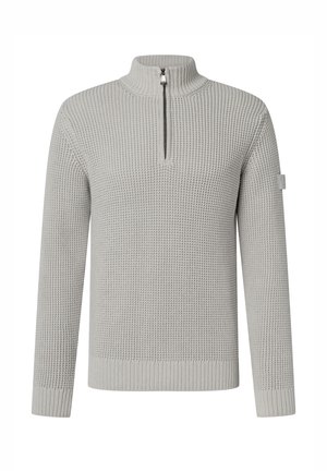 Hellgrauer Strickpullover mit halbem Reißverschluss am Kragen, strukturiertem Muster, langen Ärmeln sowie gerippten Ärmelbündchen und Saum. Dezente Markenkennzeichnung am Ärmel.