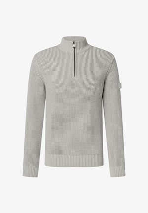Hellgrauer Strickpullover mit halbem Reißverschluss am Kragen, strukturiertem Muster, langen Ärmeln sowie gerippten Ärmelbündchen und Saum. Dezente Markenkennzeichnung am Ärmel.