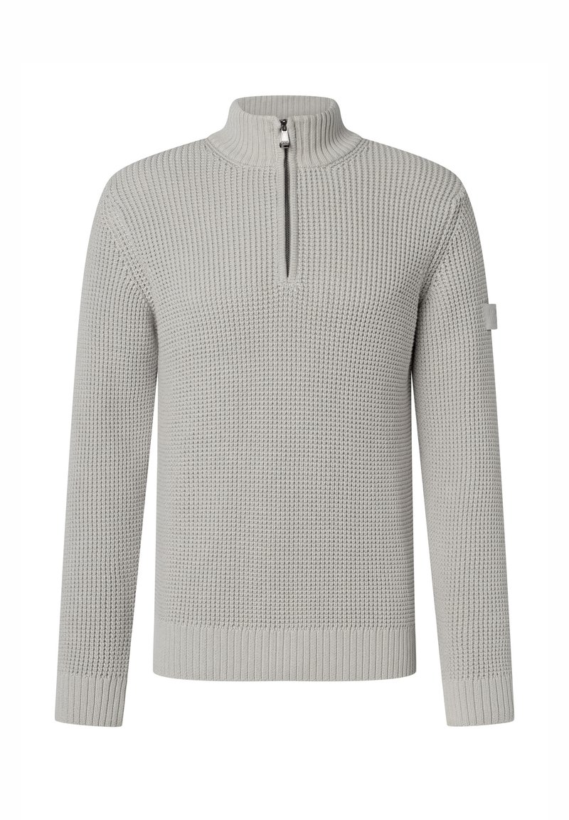 Hellgrauer Strickpullover mit halbem Reißverschluss am Kragen, strukturiertem Muster, langen Ärmeln sowie gerippten Ärmelbündchen und Saum. Dezente Markenkennzeichnung am Ärmel.
