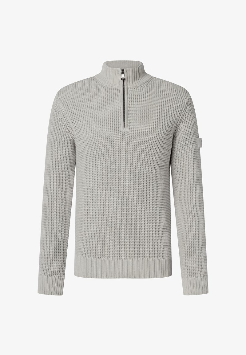 Hellgrauer Strickpullover mit halbem Reißverschluss am Kragen, strukturiertem Muster, langen Ärmeln sowie gerippten Ärmelbündchen und Saum. Dezente Markenkennzeichnung am Ärmel.