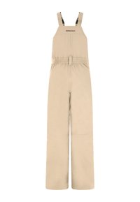 Beige bretels met verstelbare banden, elastische tailleband en brede benen. Gemaakt van duurzame stof zonder zichtbare patronen of accenten.