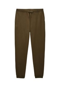 Pantalon de survêtement vert olive avec une taille élastique, cordon de serrage, poches latérales et bas de jambes côtelés aux chevilles. Texture de tissu douce.