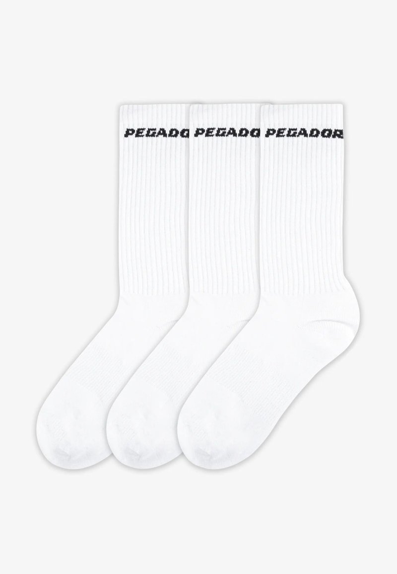 Három pár fehér, bordázott zokni, melynek tetején fekete "PEZADO" felirat található. A zoknik sima textúrájúak és kerek orrú kialakítással rendelkeznek.