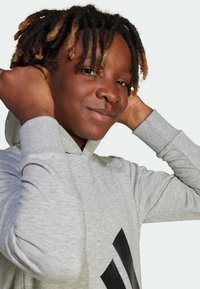 Felpa grigia con cappuccio regolabile e dettagli logo neri. Tessuto in morbido cotone misto; maniche lunghe e polsini a costine.