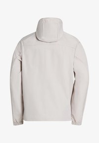 Lyse beige hættejakke med lange ærmer og elastiske manchetter vist bagfra på ensfarvet baggrund.