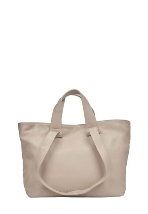 Béžová kožená taška s dvěma krátkými uchy a jedním dlouhým ramenním popruhem, texturovaný povrch, jednoduchý a nenápadný design.