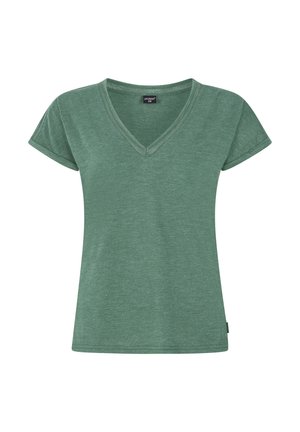 T-shirt vert à col en V avec des manches courtes. Fabriqué en tissu doux et texturé. Présente une coupe épurée et des détails de couture discrets.