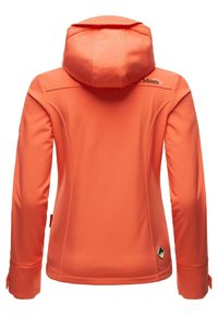 Orange, fitted softshell jacket with a hood, featuring smooth texture, zip pockets, and logo detail on the upper left shoulder.