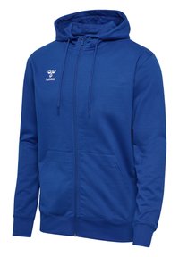 Blå zip-up hoodie i mjukt tyg. Har en dragsko i huvan, två framfickor och en liten vit logo på bröstet.