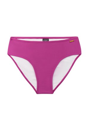 Magenta damesbikini broekje met witte afwerking, mid-rise model en een klein gouden logootje aan de rechterkant.