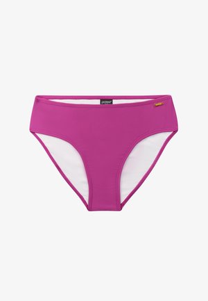 Magenta damesbikini broekje met witte afwerking, mid-rise model en een klein gouden logootje aan de rechterkant.